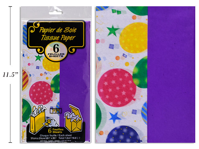 Papier de soie 20 po x 20 po ballons fête et mauve (paquet de 6)