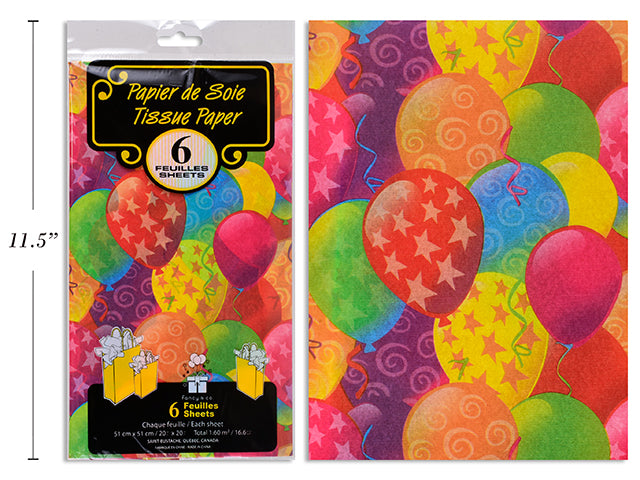 Papier de soie 20 po x 20 po ballons colorés (paquet de 6)