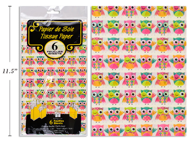 Papier de soie 20 po x 20 po hiboux (paquet de 6)