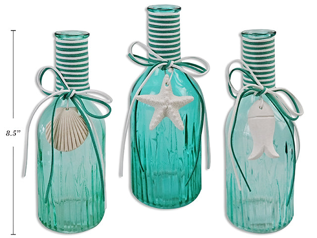 Bouteille décorative 8,5 po en verre turquoise