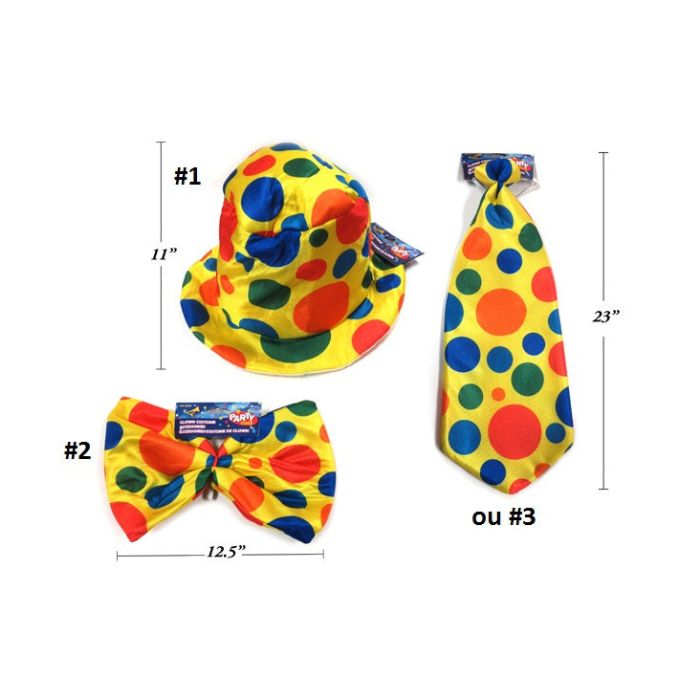 Chapeau de clown, boucle ou cravate jaune avec pois colorés