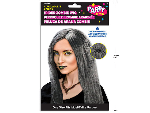 Perruque cheveux long gris avec araignées pour adulte