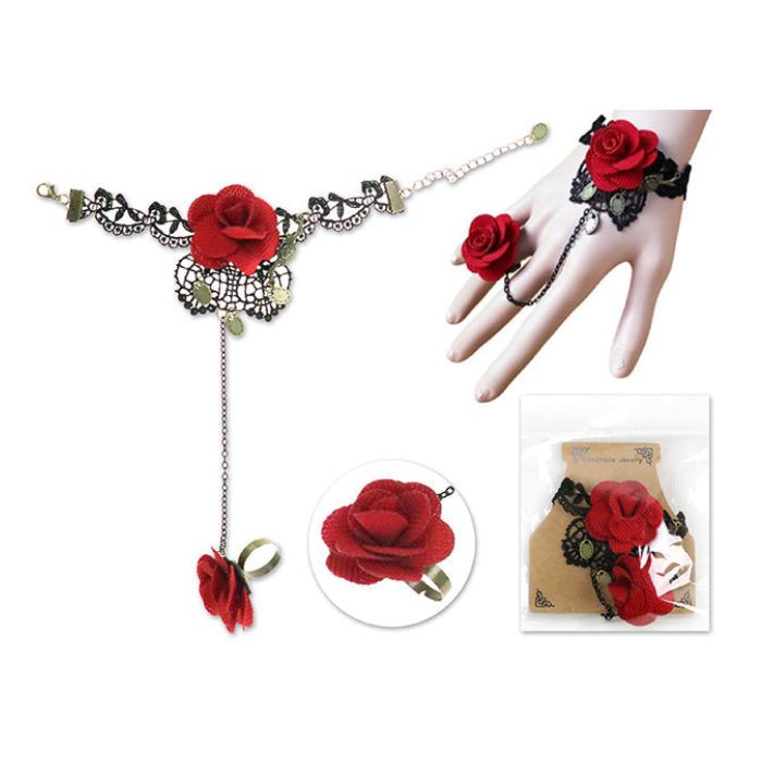 Bracelet et bague jointes avec fleurs rouges 5 po