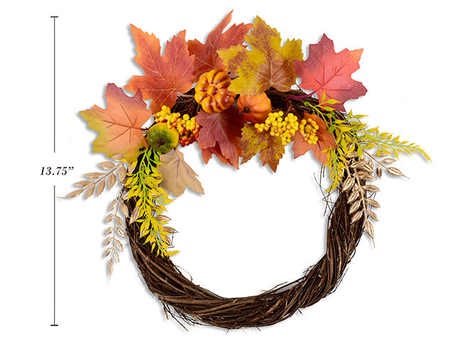 Couronne en rotin avec citrouilles et feuilles d'érable artificielles 13,75 po
