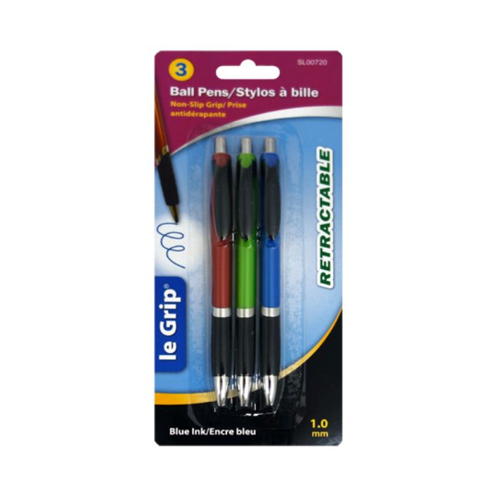 Stylo à bille rétractable 1 mm Le Grip encre bleu (paquet de 3)