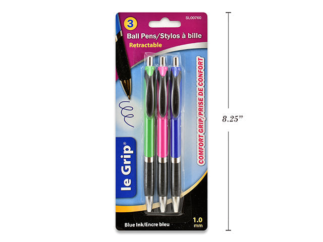 Stylo à bille rétractable 1 mm Le Grip bleu (paquet de 3)