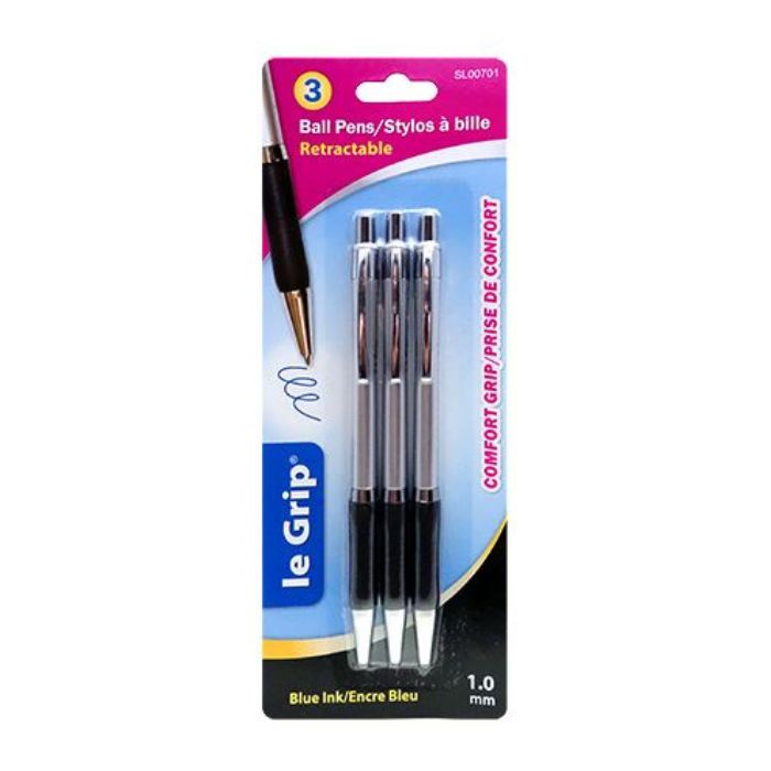 Stylo à bille rétractable 1 mm Le Grip encre bleu (paquet de 3)