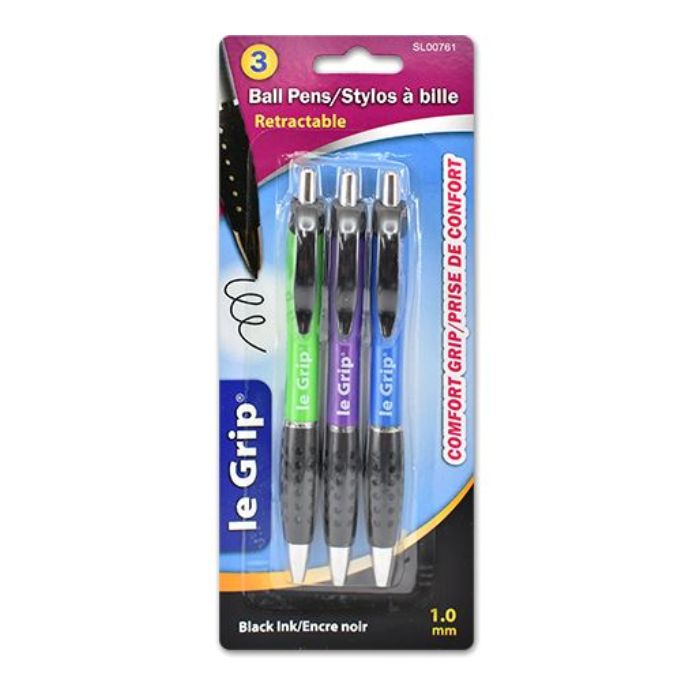 Stylo à bille rétractable 1 mm Le Grip encre noir (paquet de 3)