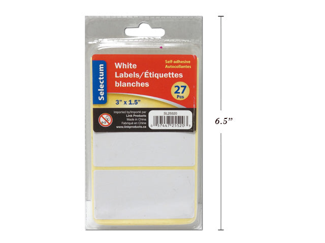 Étiquette blanche autocollante 3 po x 1,5 po (paquet de 27)