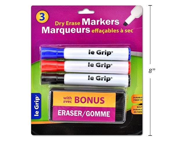 Marqueur effaçable à sec avec efface (paquet de 3)