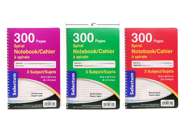 Cahier spirale 6 po x 9 po 3 sujets 300 pages Selectum
