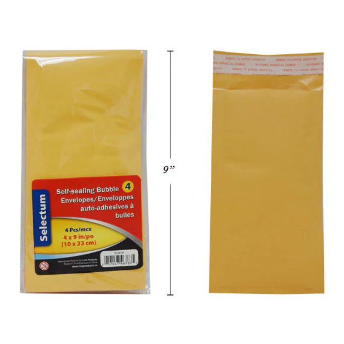 Enveloppe à bulle 4 po x 9 po jaune (paquet de 4)
