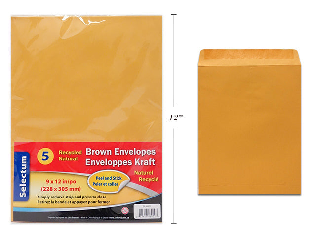 Enveloppe 9 po x 12 po jaune (boîte de 5)