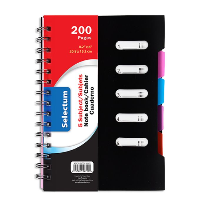 Cahier de notes spirale 8 po x 6 po 200 pages 5 sujets Selectum