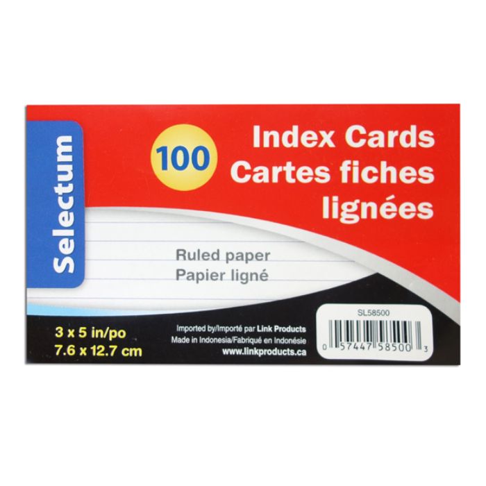 Carte fiche lignée 3 po x 5 po blanc (paquet de 100)