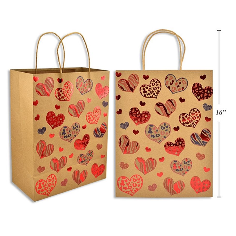 Sac cadeau 16 po en papier kraft avec coeurs brillants