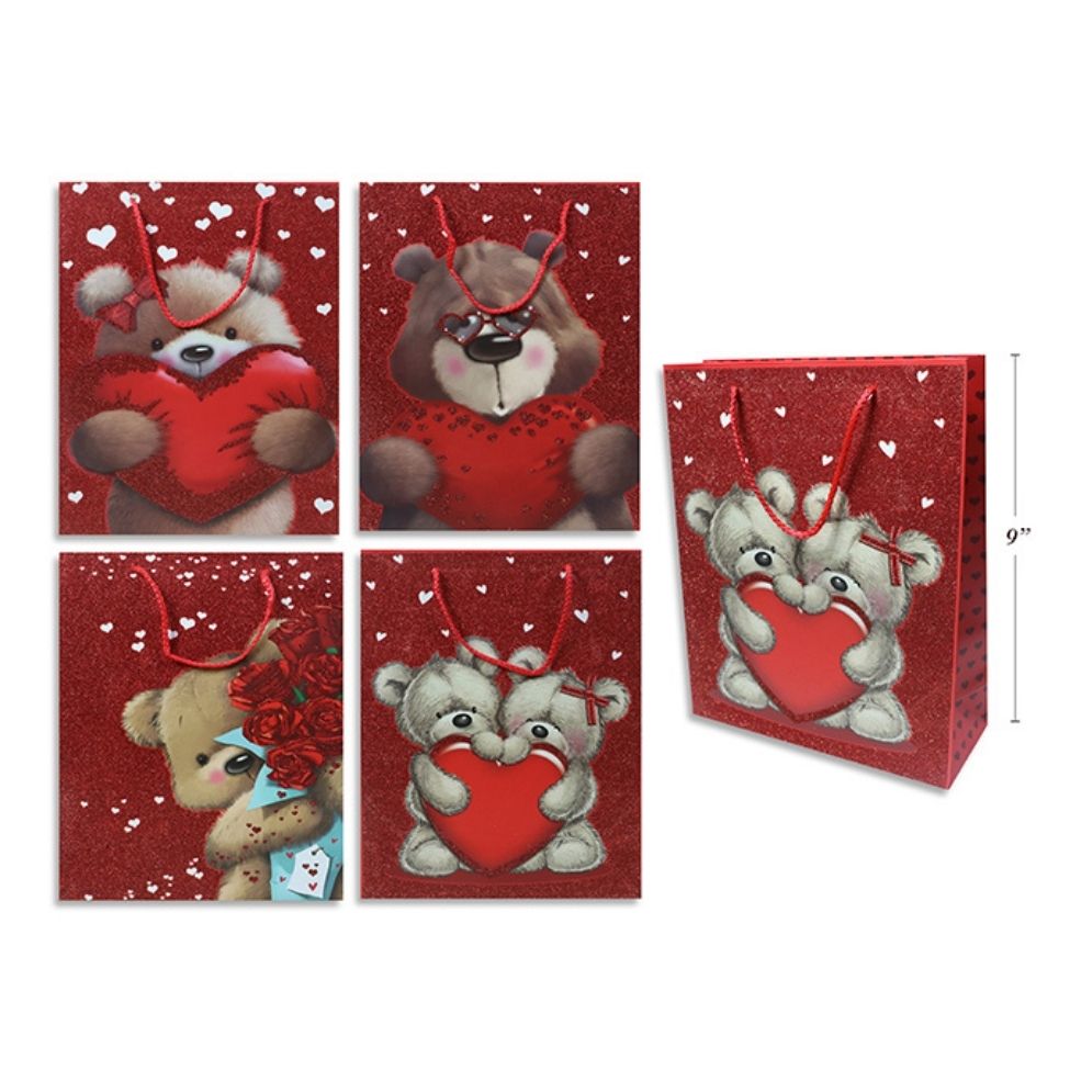 Sac cadeau 9 po rouge brillant à motif d'ourson