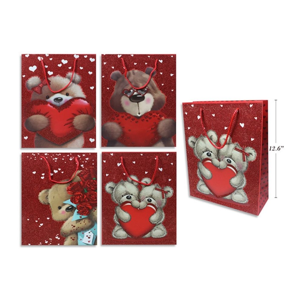 Sac cadeau 12,6 po rouge brillant à motif d'ourson