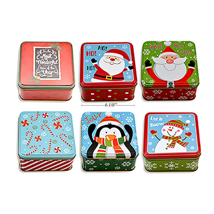 Boîte carrée 4 po en métal motif de Noël