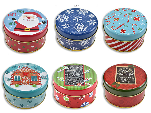 Boîte ronde en métal motif de Noël 4,25 po