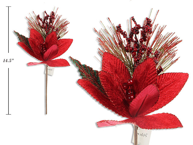 Branche 16 po de poinsettia et baies à paillette