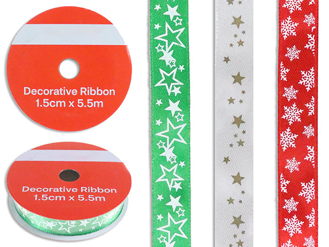 Ruban d'emballage 0,5 po x 18 pi en satin motif étoile/flocon