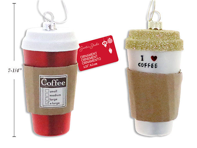 Ornement verre à café avec couvercle scintillant 4 po