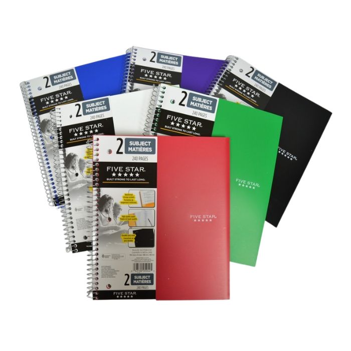 Cahier de notes 8 po x 10,5 po Five Star 2 sujets 240 pages