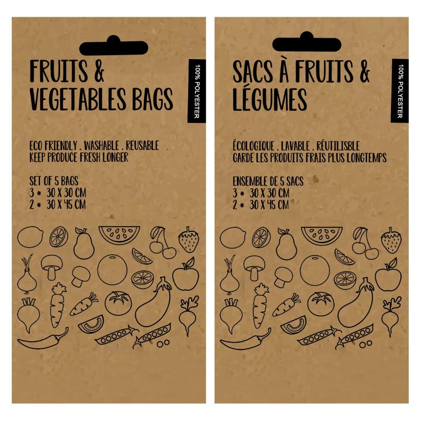 Sac en filet pour fruits et légumes beige et vert (paquet de 5)