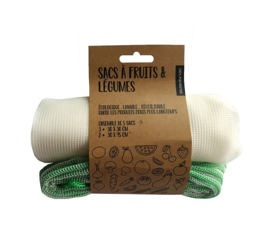 Sac en filet pour fruits et légumes beige et vert (paquet de 5)