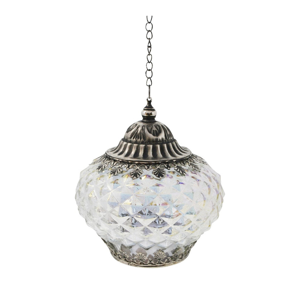 Lanterne illuminée suspendue en verre clair irisé