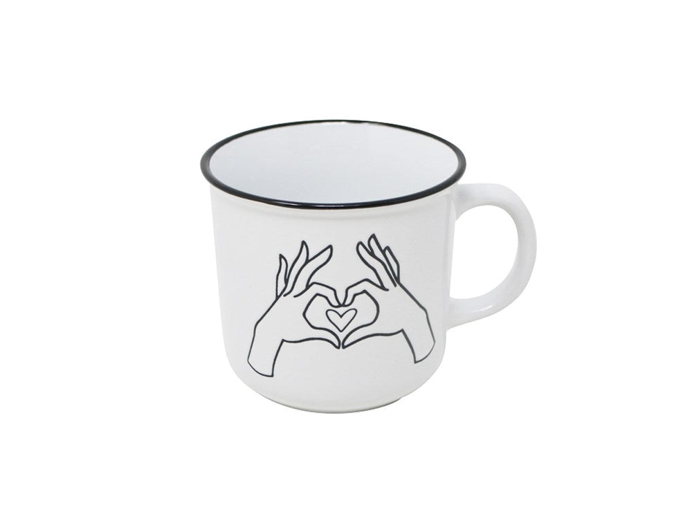 Tasse à café 14 oz blanche avec dessin de mains qui forment un coeur