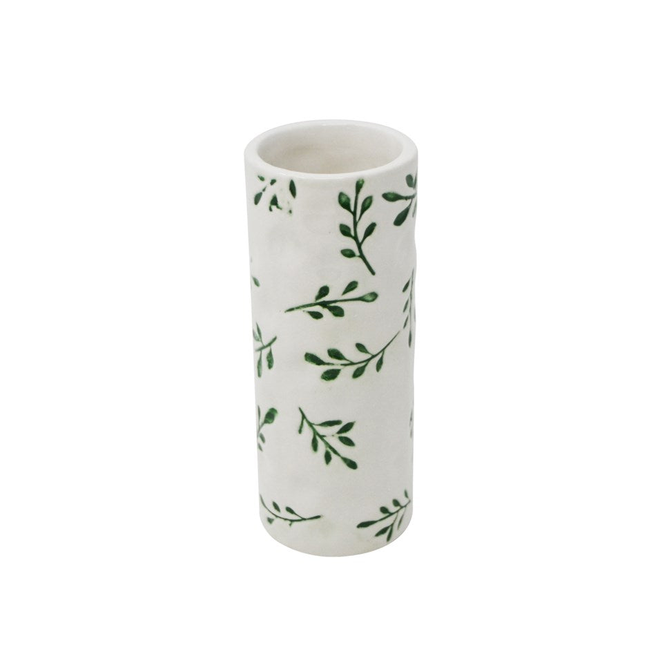 Vase en céramique 5 cm x 13 cm blanc motif feuillage vert