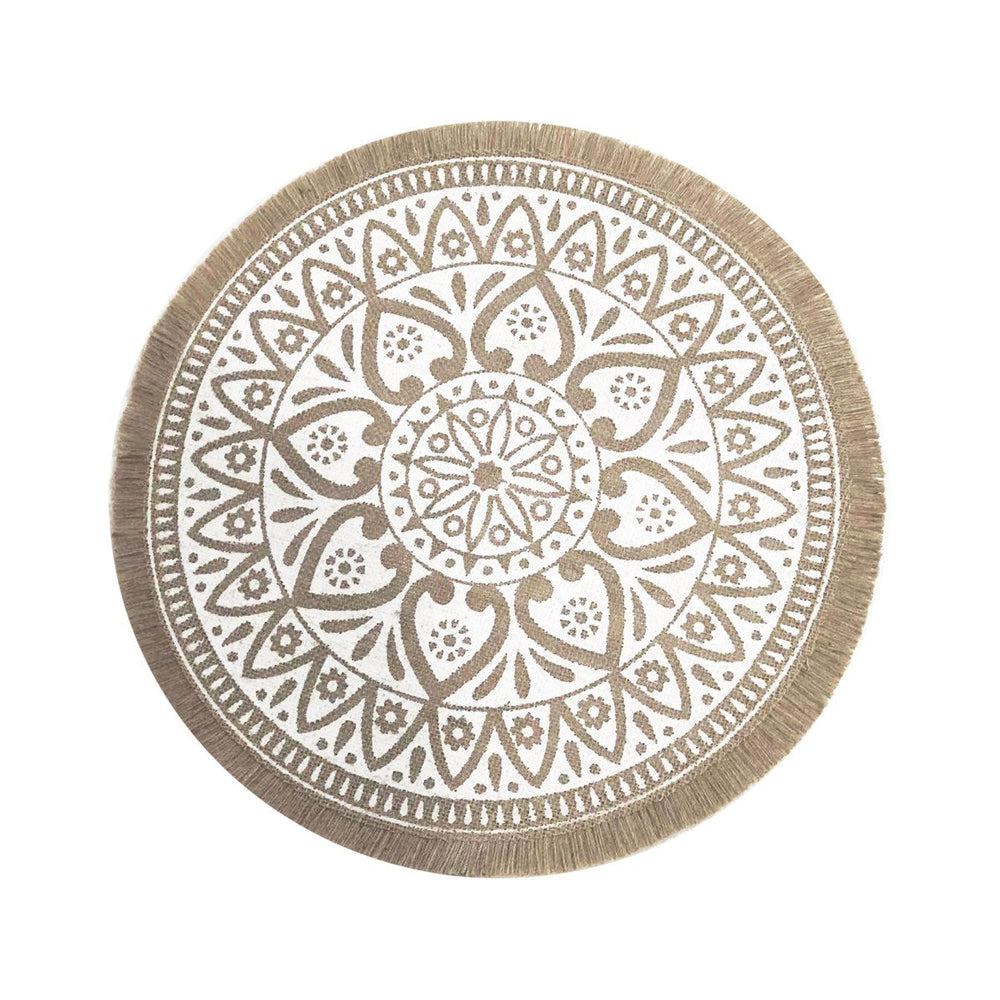 Napperon 15 po rond motifs mandala à franges beige et blanche
