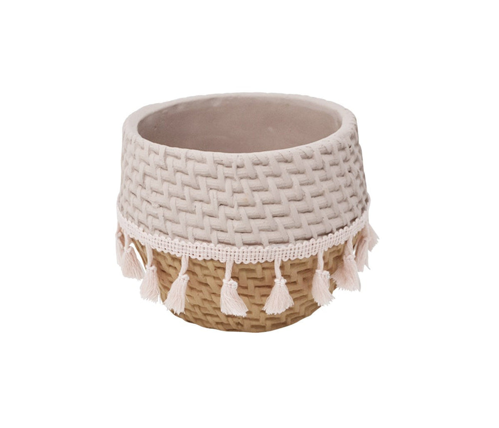 Cache-pot 6 po x 6 po x 4 po beige avec des pompons roses
