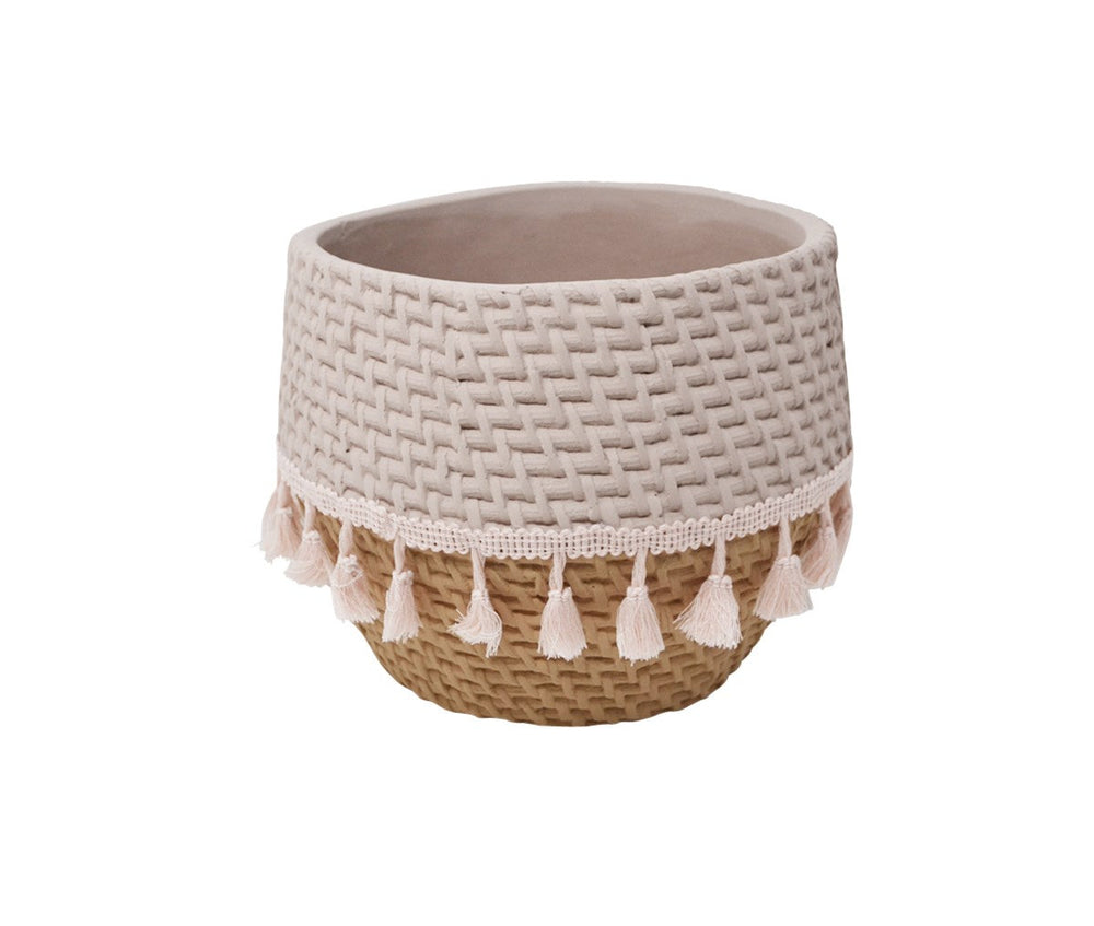 Cache-pot 8 po beige avec des pompons roses