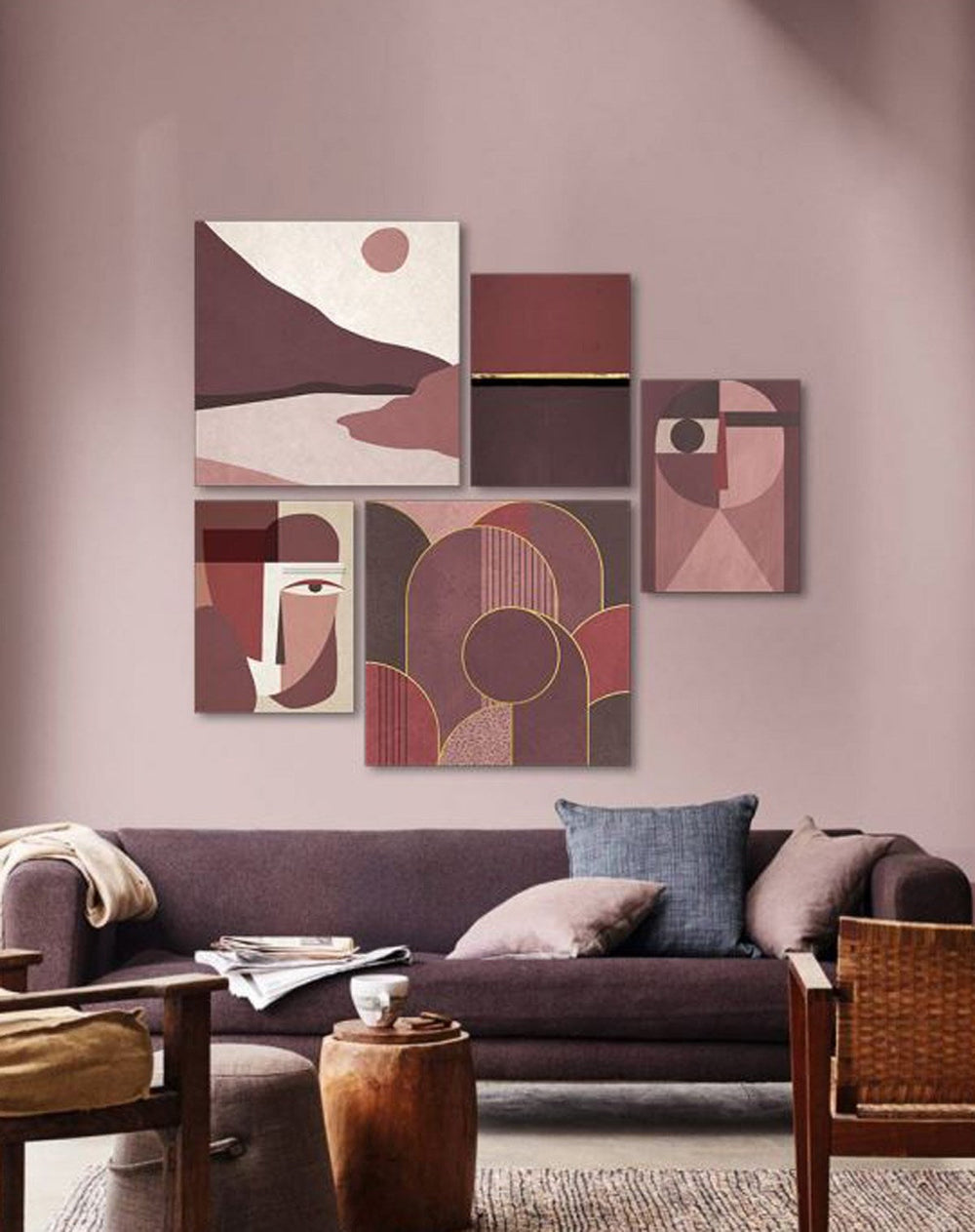 Ensemble de 5 tableaux (2 x 25 cm x 25 cm, 3 x 15 cm x 20 cm) rose abstrait