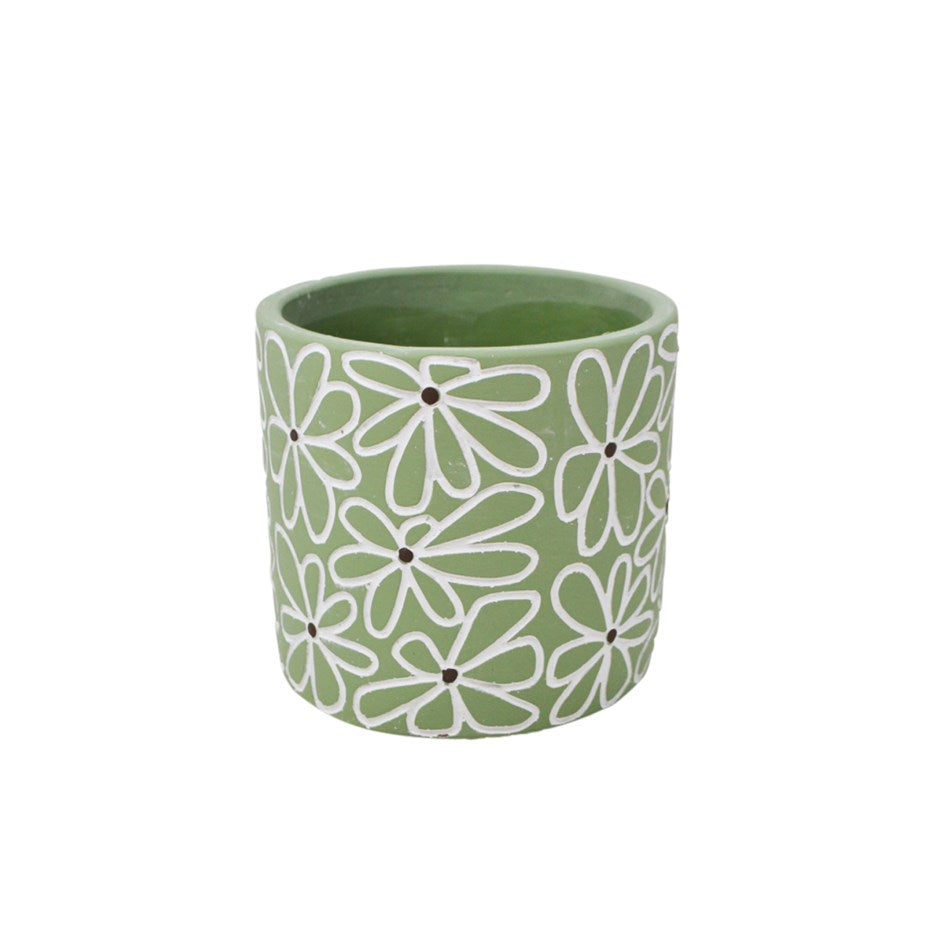Cache-pot 14 po x 14 po x 5 po vert avec motif de marguerite