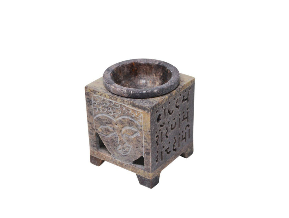 Brûleur pour cônes d'encens 2,5 po en pierre à savon grège avec visage de bouddha gravé