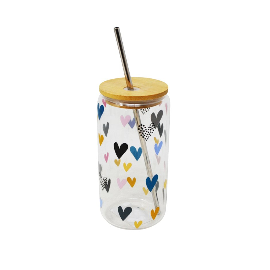 Verre en forme de canette 500 ml avec couvercle et paille motif coeurs