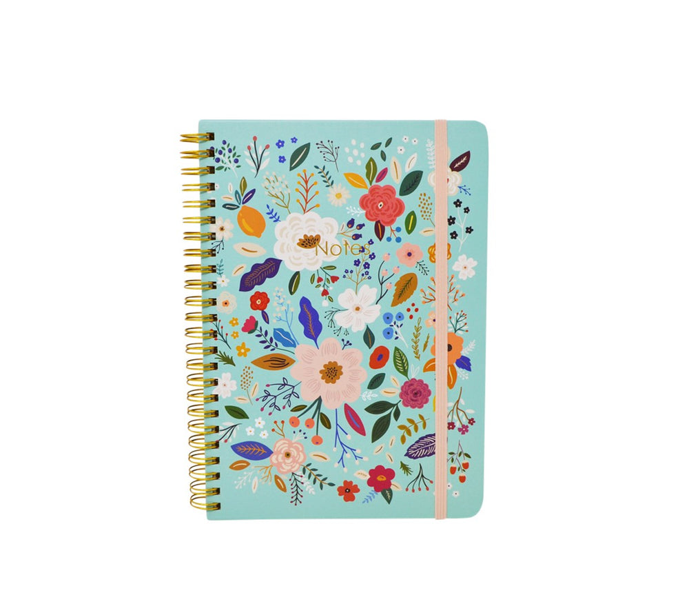 Cahier de notes spirale avec élastique 6 po x 8 po 80 pages fleuri turquoise