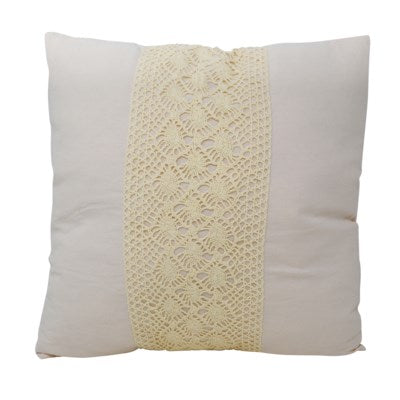 Coussin 17 po x 17 po blanc avec dentelle beige