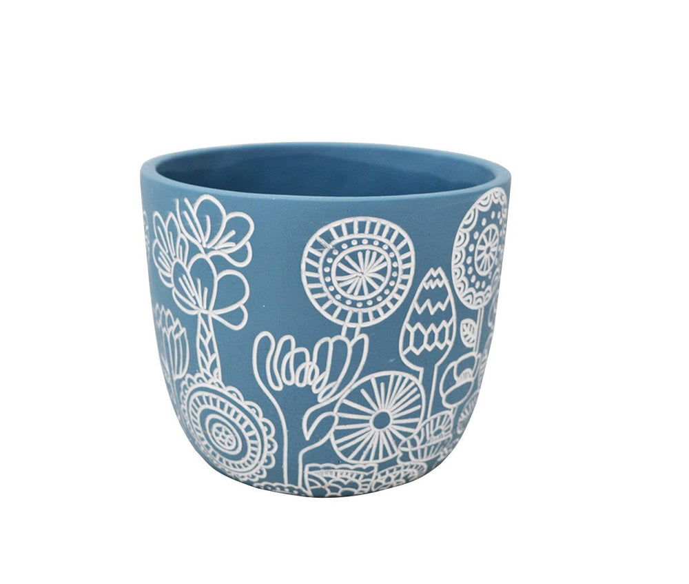 Cache-pot 7 po bleu avec motif d'un paysage blanc