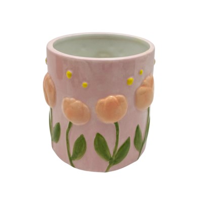 Cache-pot 13 cm x 13 cm x 13 cm rose avec tulipes en relief