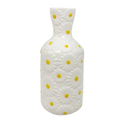 Vase en forme de bouteille 9,5 cm x 9,5 cm x 23 cm motif de marguerite blanche en relief