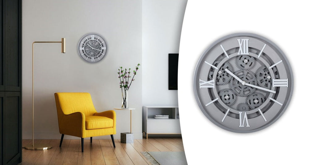 Horloge murale 12 po avec engrenage et chiffre romain blanc et gris