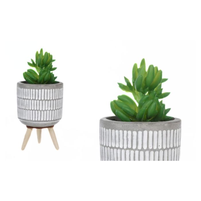 Plante artificielle 6 po dans un pot en ciment avec des pattes en bois