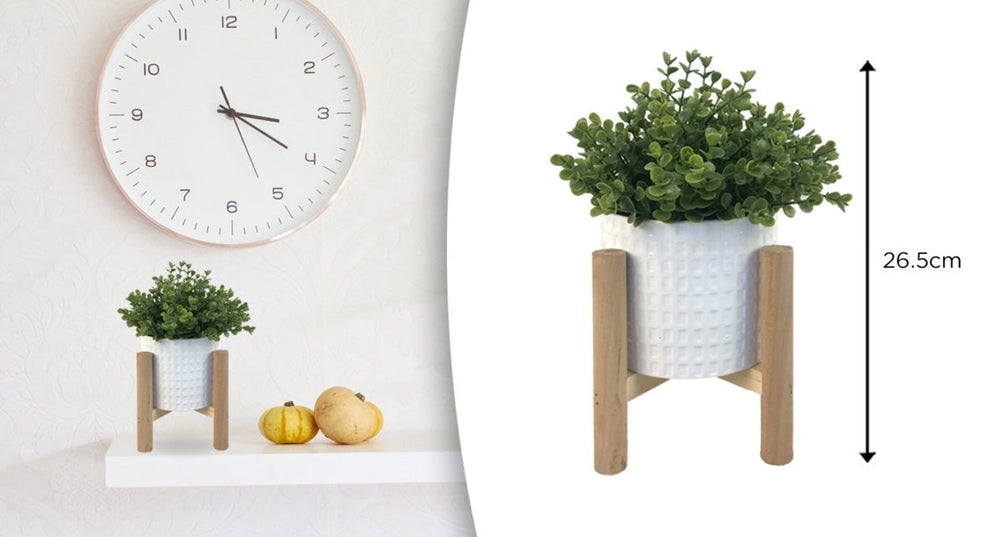 Plante artificielle 5 po x 10 po dans un pot blanc avec des pattes en bois