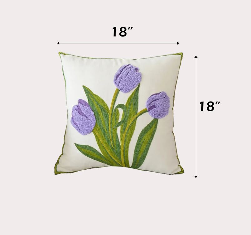 Coussin 18 po x 18 po brodé tulipe mauve