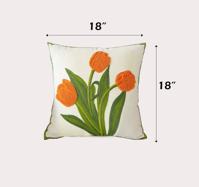 Coussin 18 po x 18 po brodé tulipe orange